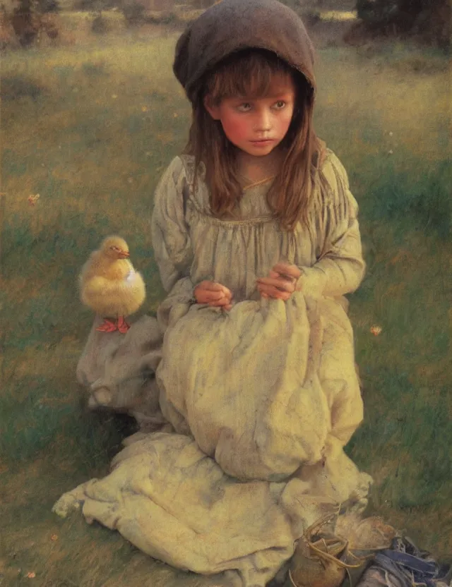 Image similar to portrait of little peasant girl with chick, cottage core, cinematic focus, polaroid photo bleached vintage pastel colors high - key lighting, soft lights, foggy, by steve hanks, by lisa yuskavage, by serov valentin, by tarkovsky, 8 detailed, oil on canvas