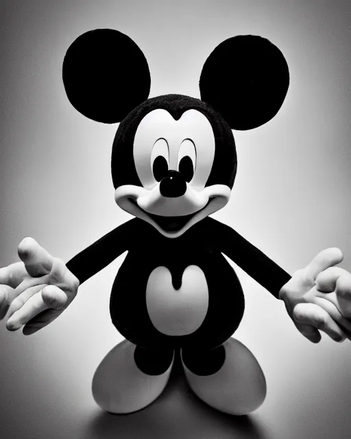 Prompt: A black-and-white studio portrait of a threatening-looking Mickey Mouse in the style of a horror movie; bokeh, 90mm, f/1.4