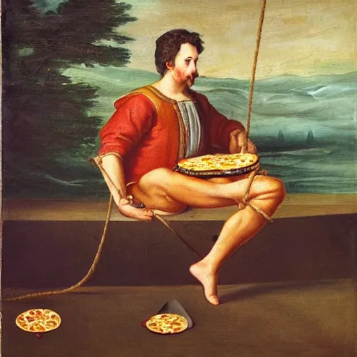 Prompt: a painting of a man in a rope with a pizza. 1 7 th century painting