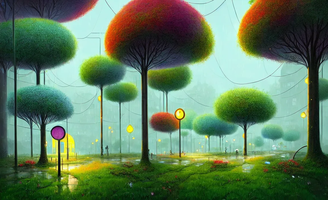 Prompt: Beautiful city of the future, overgrown with trees and plants. Raining at night with light pole illuminate the patch, Nice colour scheme, warm colour. Beautiful artistic digital artwork by artist Lurid. (2022), Gediminas Pranckevicius