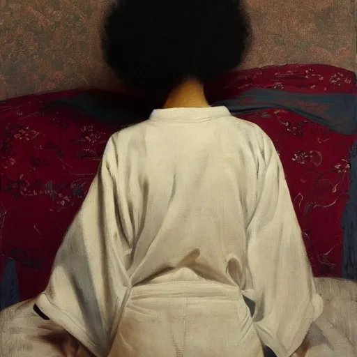 Prompt: girl with afro and angel wings, in kimono, backview, sitting on edge of bed, by jeremy lipking, tim rees, joseph todorovitch