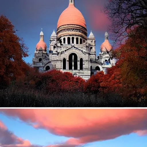 Prompt: abandoned Basilica of Sacré Coeur de Montmartre, toxic orange and pink clouds strain the sunlight, stark contrasting lighting, contrejour, a two-headed mutated deer-like creature looks on in the distance from the sparse twisted silhouetted foliage, a highly detailed colorful matte painting by Scott Listfield and Mikko Lagerstedt, featured on Artstation, Unreal Render, 8k HDR, birdseye view, fisheye lens