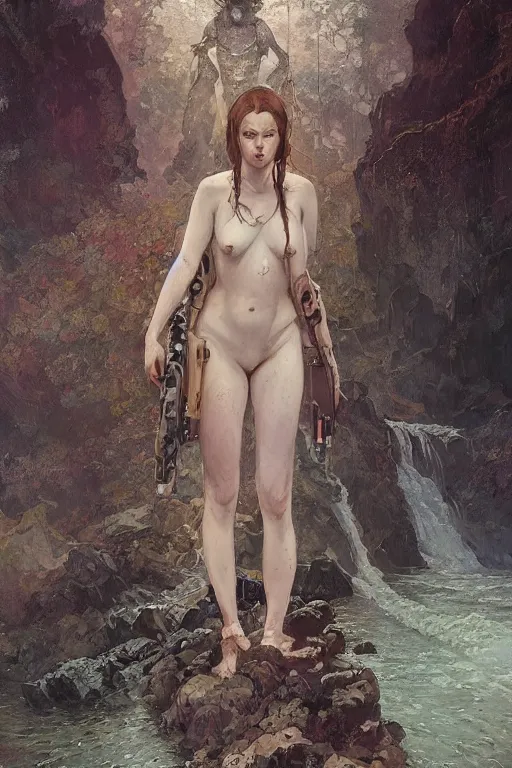 Image similar to a full body portrait of a beautiful post apocalyptic offworld neoicelandic biofarmer swimming by the waterfalls, intricate, elegant, highly detailed, digital painting, artstation, concept art, smooth, sharp focus, illustration, art by krenz cushart and artem demura and alphonse mucha