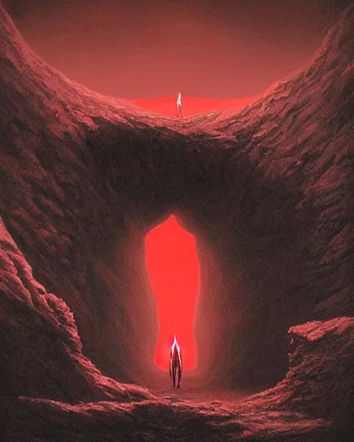 Image similar to ultra realistic, astronaut standing in front of an eerie hell cathedral on a destroyed planet in soace, there’s a large obsidian vortex in the sky in the art style of Zdzisław Beksiński, black and red background, occult, photo realistic, dark atmosphere, volumetric lighting