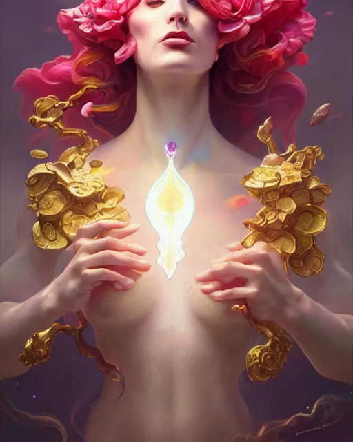 Prompt: liquid magma priestess face, flowers and gemstones, artgerm, peter mohrbacher, jesper ejsing, photorealism, highly detailed portrait, volumetric lighting, halo of light, gilding, alphonse mucha