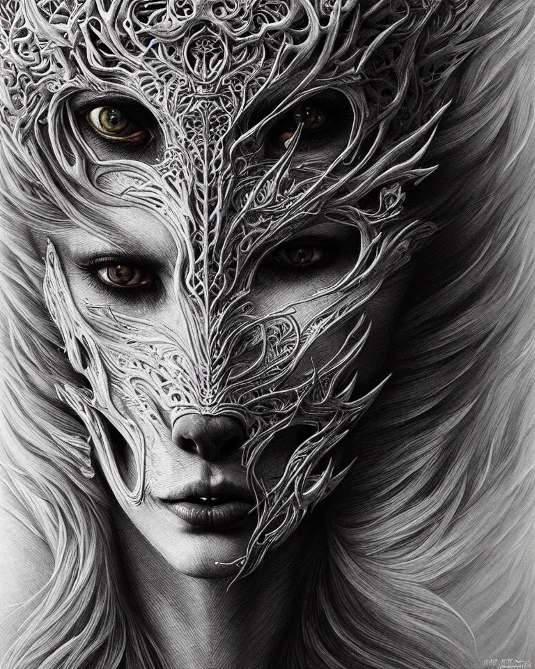 Image similar to ultra realist intricate detailed portrait of an attractive female turning into a white wolf, insanity, accurate features, apocalyptic, very intricate details, 8 k resolution, dim lighting, volumetric lighting, artstyle, zdzisław beksinski and keith thompson, award winning