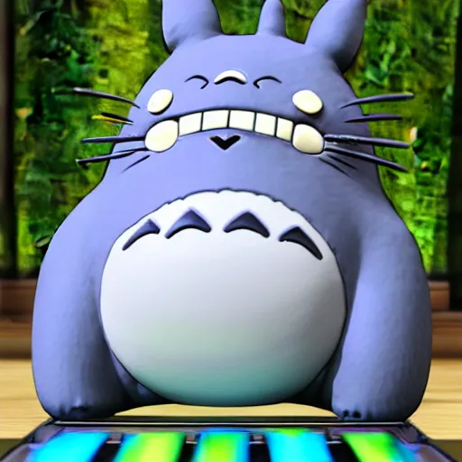 Image similar to Manga cover portrait of an extremely cute and adorable beautiful Totoro playing Dance Dance Revolution, 3d render diorama by Hayao Miyazaki, official Studio Ghibli still, color graflex macro photograph, Pixiv, DAZ Studio 3D
