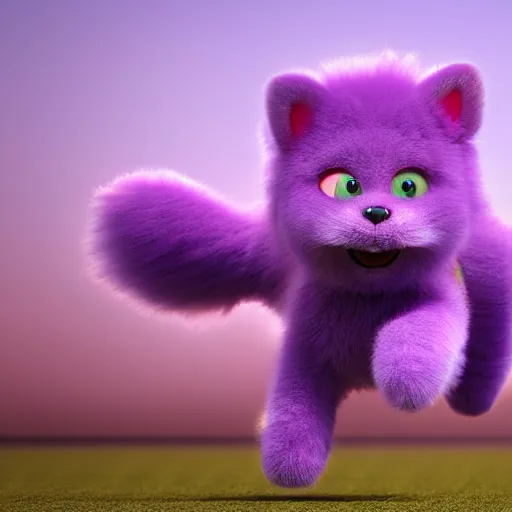 Image similar to purple fluffy animal running happily, hyperrealistic 4 k ultra detail 3 d render