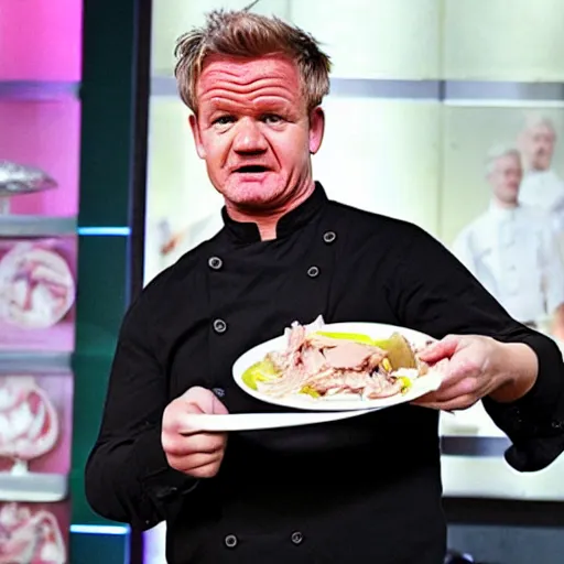 Image similar to < photo trending > gordon ramsey reacts outrageously to being served a plate overflowing with raw sliced chicken
