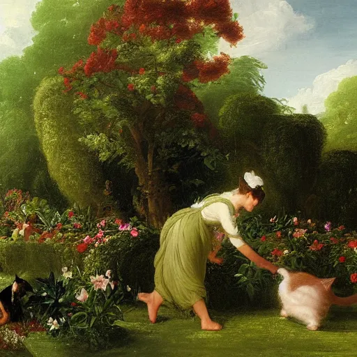 Prompt: a painting of a lush hedge garden filled with beautiful flowers and a cat gardener tending to some flowers by thomas cole