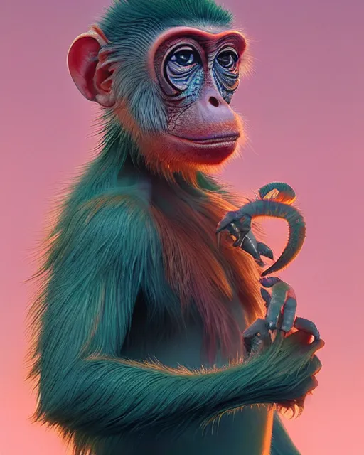 Image similar to highly detailed surreal vfx portrait of a lobsterpunk monkey, stephen bliss, unreal engine, greg rutkowski, loish, rhads, beeple, makoto shinkai and lois van baarle, ilya kuvshinov, rossdraws, tom bagshaw, alphonse mucha, global illumination, detailed and intricate environment