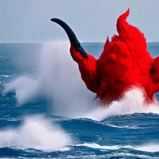 Image similar to a devilish red monster with horns emerging from boiling rough seas, photo by david lachapelle, s - 5 0