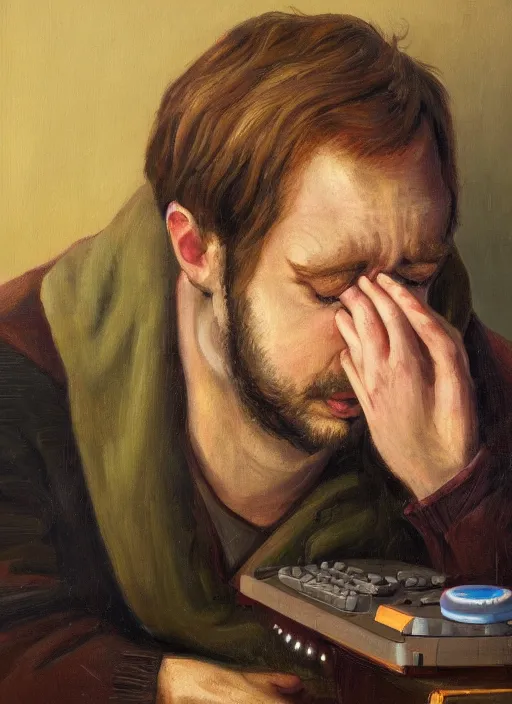 Image similar to portrait of a sleepy - looking programmer guy begging for forgiveness in front of his monitor, oil on canvas, masterwork, fine detail, trending on artstation, emotive, insanely compelling, ryden, koons