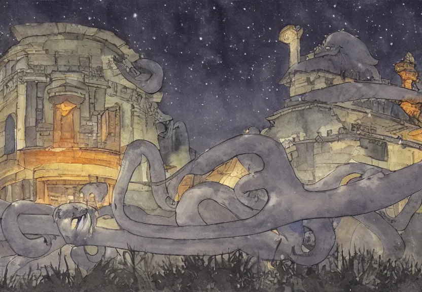 Image similar to a hyperrealist watercolor concept art from a studio ghibli film showing one giant grey octopus. a temple is under construction in the background in india on a misty and starry night. by studio ghibli. very dull muted colors