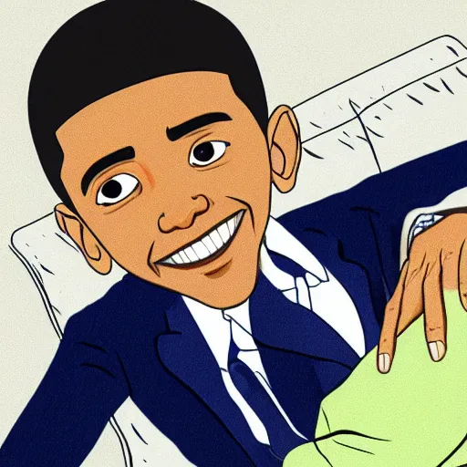 Prompt: Barack Obama laying in bed with foot sticking out, drawn by Masashi Kishimoto