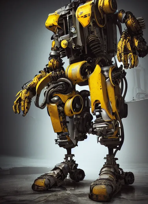 Image similar to a photorealistic dramatic hyperrealistic render of a futuristic exosuit power loader heavy machinery, ultra realistic details, glossy yellow, well worn, rust, oil stains by vitaly bulgarov and mike nash, beautiful dramatic dark moody tones and lighting, cinematic atmosphere, studio lighting, global illumination, shadows, dark background, octane render, 8 k