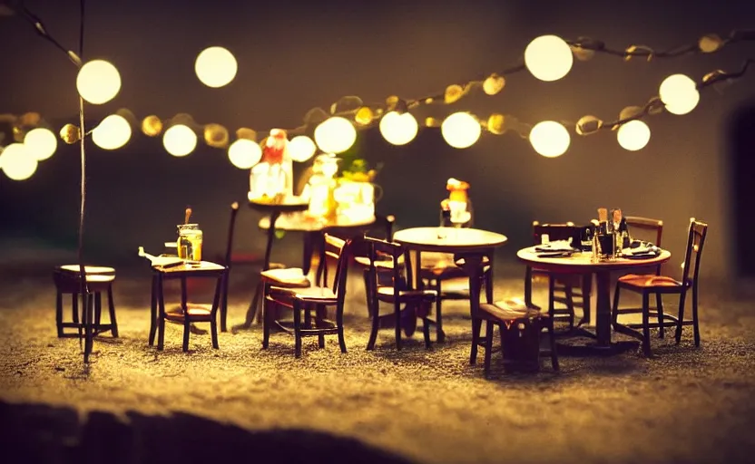 Prompt: mini cafe for mice diorama macro photography, ambient, atmospheric photograph, string lights