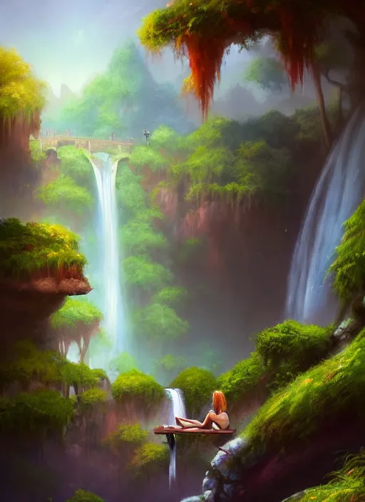 Image similar to a painting of a waterfall with a person sitting on a bench, a detailed matte painting by tyler edlin, artstation, fantasy art, matte painting, 2 d game art, deviantart hd