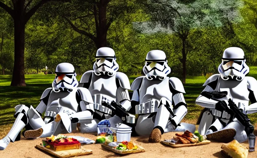 Prompt: A group of stormtroopers having a picnic in a park, daylight. sunlight. lens flare. light fixtures. 8K. detailed. photorealism. artstation. 25mm f/1.7 ASPH Lens. ultra realistic