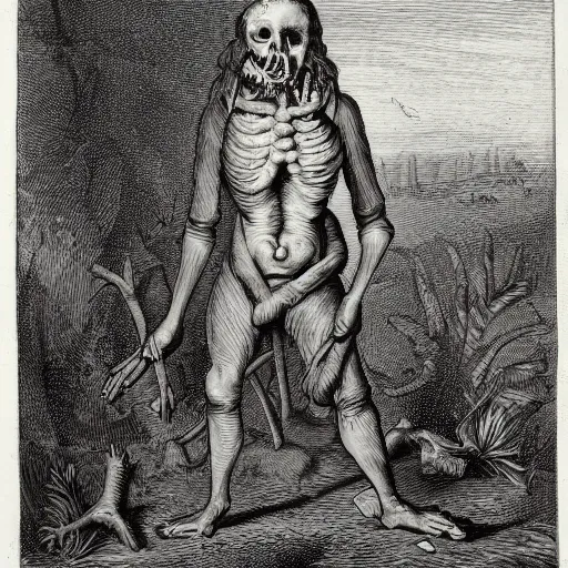 Image similar to A colonial zombie standing in the middle of the jungle, engraving, ink, black and white, 17th century