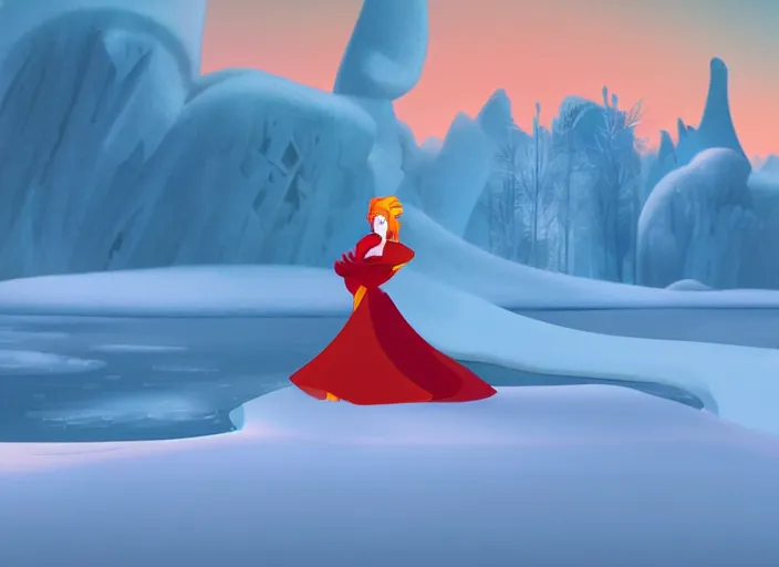 Image similar to flame princess glowing in a stark minimalist frozen creek snowdrift landscape from mulan ( 1 9 9 8 )