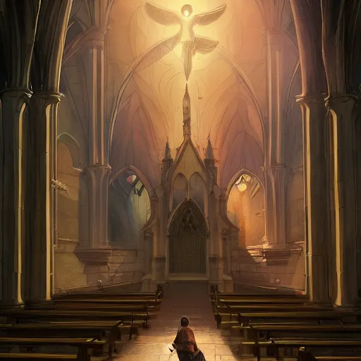 Image similar to angel protecting man who is praying inside a gothic church by Stanley Artgerm Lau, WLOP, Rossdraws, James Jean, Andrei Riabovitchev, Marc Simonetti, Yoshitaka Amano, ArtStation, CGSociety