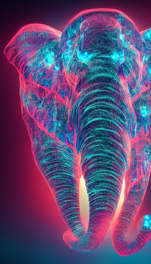 Image similar to 8K UHD Houdini Recursive structure, a fractal elephant, background bioluminescent swirling smoke wisps, natural gradient palette, volumetric lighting, 18 mm lens