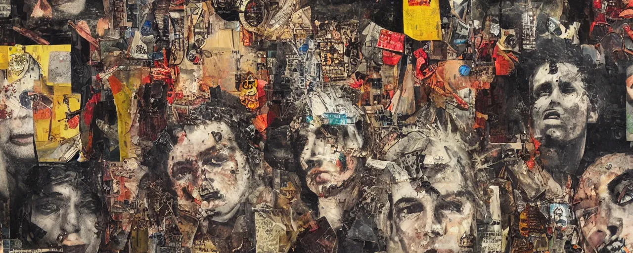 Prompt: heroes of some strange movie detailed and highly reliefed analogue mixed media collage with canvas texture in style of conteporary art, punk art, photorealistic, expressionism, masterpiece, perfect composition, photorealistic beautiful face, spectacular quality, intricate oil details