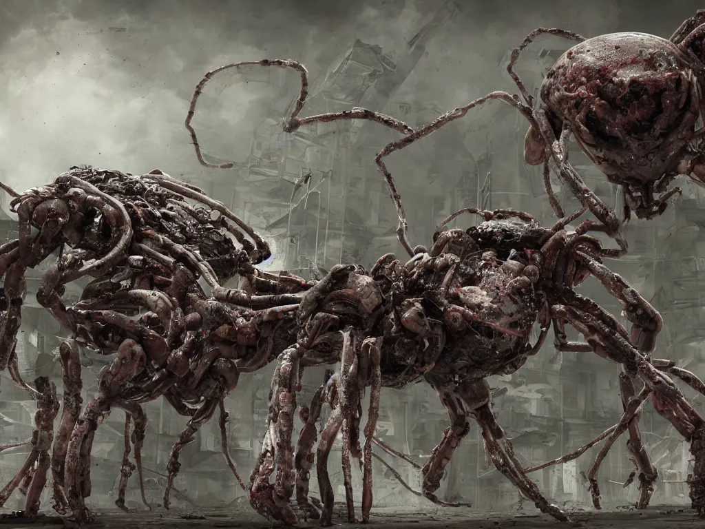 Image similar to Techno-biological meat spider panzer tank with double long barrel walks through the ruins. Consisting of tumors, veins, guts, kidneys, wires, long spider paws. Bodyhorror, biopunk, extremely high detail, ultra realistic, photorealism, concept art, octane render, view from a distance, 8k, 16k