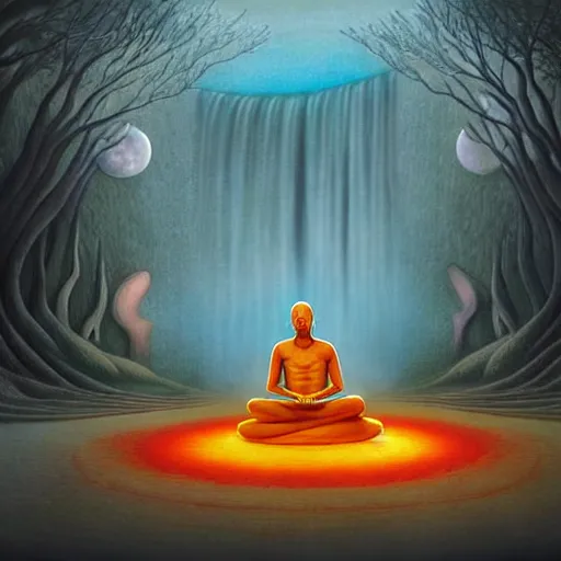 Image similar to an anthromorphic wolf monk character, meditating in a zen garden with a waterfall under the blood moon, by Adi granov and afarin sajedi and amanda sage and evgeni gordiets and Agostino Arrivabene and adonna khare in a psychedelic portrait style, ultrarealistic matte painting, volumetric lighting, fractal, extremely symmetrical, highly detailed face, orisha, 8k, hd