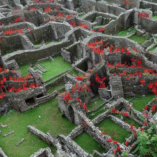 Image similar to the ruins of a giant village made out of stone, overgrown with red and black vines