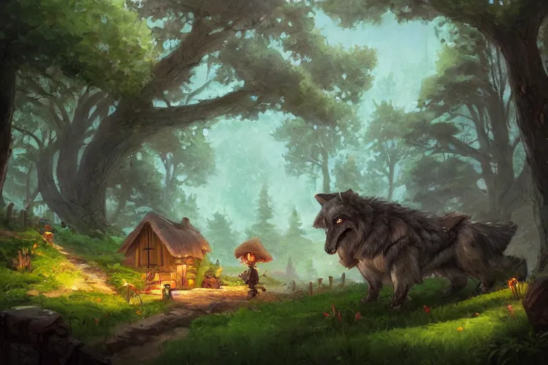 Image similar to a painting of a little cottage sitting on the back of a giant wolf that is walking through a magical forest, by andreas rocha, trending on artstation