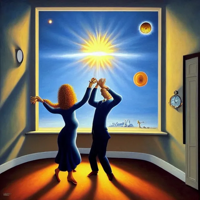 Image similar to an oil on canvas portrait of a couple dancing and the sun is shining through the window, surrealism, surrealist, lovecraftian, cosmic horror, rob gonsalves, high detail