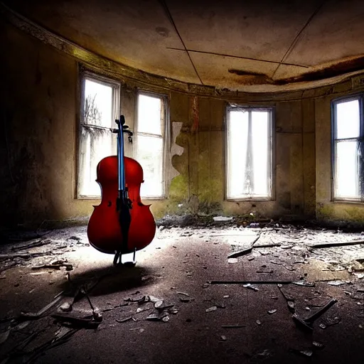 Image similar to abandoned places with a cello, cinematic light,