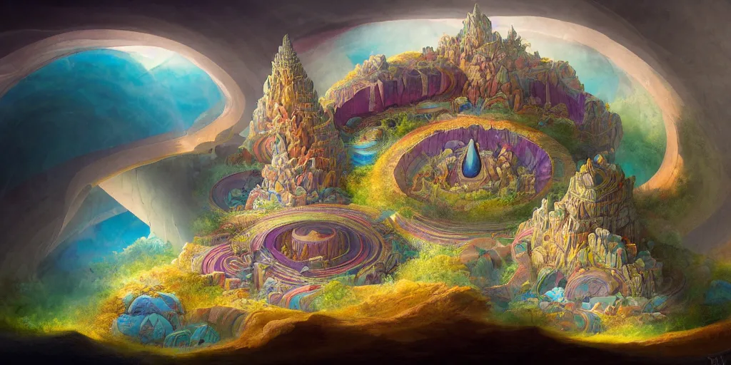 Image similar to a fantasy temple sits on top of a cross section of surreal geological biome chart with concentric layers of colourful strata forming a surreal tiered geological formation whith an , colourful strata, underground tunnel network, swirling clouds, pools of water, on dark paper, by peter mohrbacher, tarmo juhola, ivan laliashvili, james gurney, moebius, roger dean + wide angle view + v-ray + unreal engine + real life natural photo + daz studio iray + 8k textures ultra hd shaders + HDR lighting, ray traced, vue render, artstation