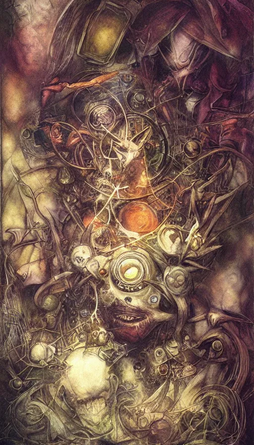 Prompt: techno artwork, by brian froud