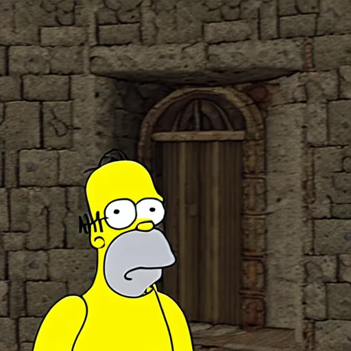 Image similar to homer simpson as an npc in skyrim, the elder scrolls video game screenshot