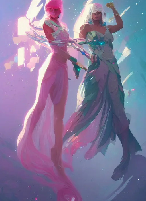 Prompt: a couple made of sparkling crystal, diamond and rose quartz, full body view, beautiful high quality realistic fantasy art but its hyper light drifter, trending on artstation by artgerm and greg rutkowski and alphonse mucha