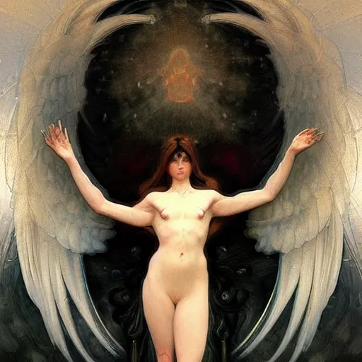 Image similar to A portrait of A beautiful!! angel in black flame by Ross Tran!!! and alphonse mucha and greg rutkowski! and gustav doré! and Zdzisław Beksiński!,In style of digital art illustration.Symmetry.Highly detailed face.Fantasy,smooth,hyper detailed,sharp focus,Soft light.trending on artstation.