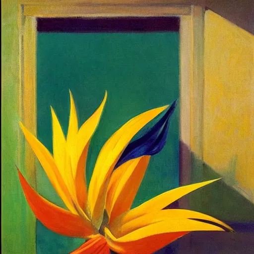 Prompt: bird of paradise flowers in a Hawaiian setting, golden hour, by Edward Hopper and Georgia O’Keefe