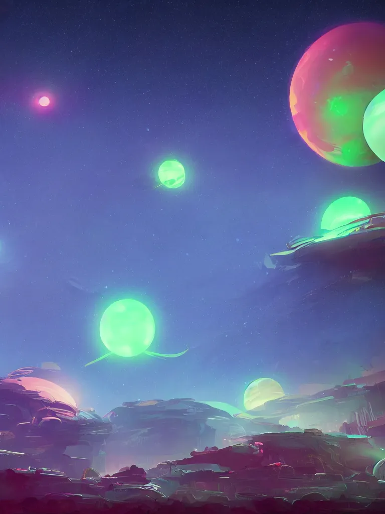 Image similar to glowing neon planets in the night sky by disney concept artists, blunt borders, rule of thirds