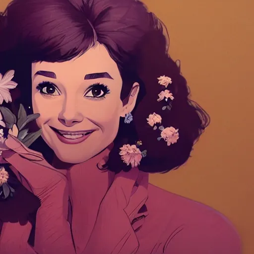 Image similar to portrait of audrey hepburn smiling with flowers in hands. sharp focus, cinematic pose, cinematic lighting, unreal engine render. art by josan gonzales and moebius and deathburger.