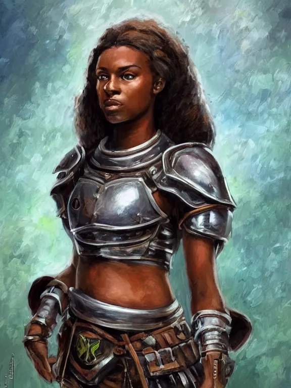 Prompt: arabella mistsplitter, solo female darkskinned heroic soldier, midfifties, long brown hair, clear green eyes, african, ethiopian, magnificent oval face, leather armor, shortsword, beautiful symmetrical eyes, a female dnd fighter's portrait, clear eyed, realistic, by brian patterson and rhads!!!, palette knife background