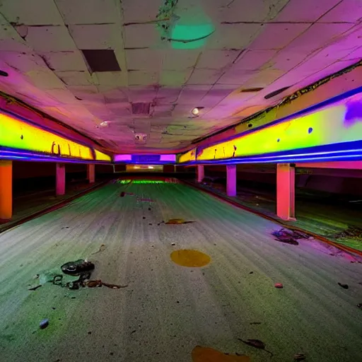 Image similar to abandoned haunted bowling alley with neon lights