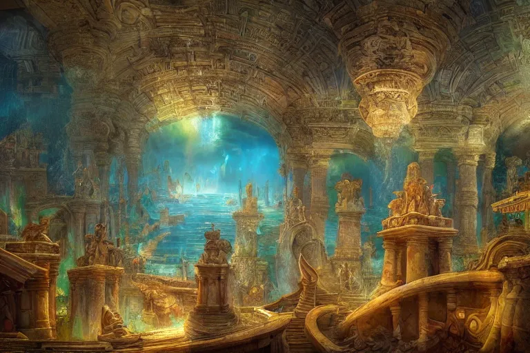 Image similar to the ancient lost city of atlantis and its inhabitants, in the style of andrea pozzo, ultra realistic, atmosphere glow, detailed intricate, colorful, cinematic lighting, unreal engine, god lighting