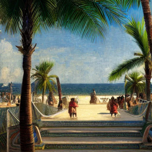 Image similar to a ultradetailed beautiful painting of the amazonas palace balustrade designed by jules bastien - lepage, hans belmer, frank weston and gustave baumann, beach, trending on artstation, mediterranean, palm trees, refracted color sparkles, sharp focus, soft light, 8 k 4 k