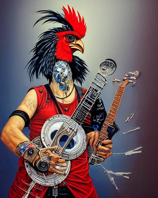 Image similar to a portrait of an anthropomorphic cyberpunk rooster shredding a banjo by sandra chevrier, by jon foster, detailed render, tape deck, epic composition, cybernetics, 4 k realistic, cryengine, realistic shaded lighting, sharp focus, masterpiece, by enki bilal