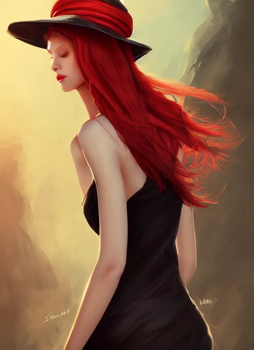 Prompt: a highly detailed illustration of tall beautiful red haired lady wearing black spaghetti strap dress and sun hat, elegant pose, perfect face, perfect body, perfect eyes, intricate, elegant, highly detailed, centered, digital painting, artstation, concept art, smooth, sharp focus, league of legends concept art, wlop.