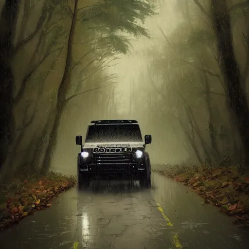 Prompt: a landrover crossing the a forest path while its raining, digital art, artstation, photgraphy, highly detailed, digital painting, artstation, concept art, sharp focus, illustration, art by greg rutkowski and artgerm