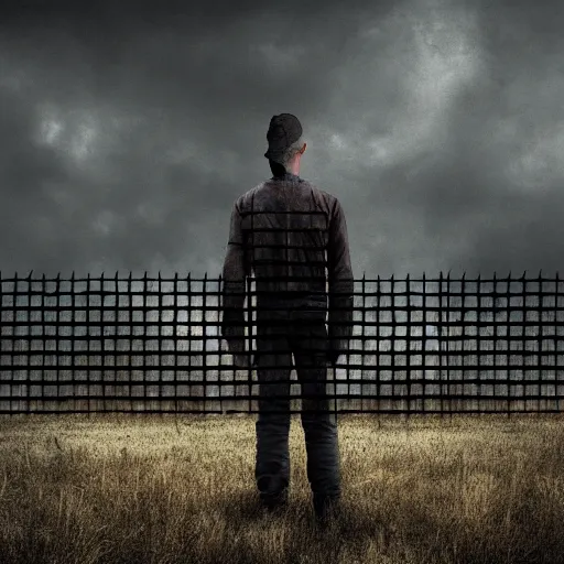 Prompt: a dystopian matte painting of a scared man standing in front of a fence with barbed wire, by jeffrey smith, tim biskup, behance contest winner, wallpaper, digital illustration